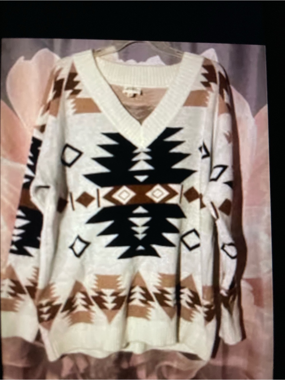 BiBi Cream V-Neck Sweater with Black & Brown Aztec Pattern